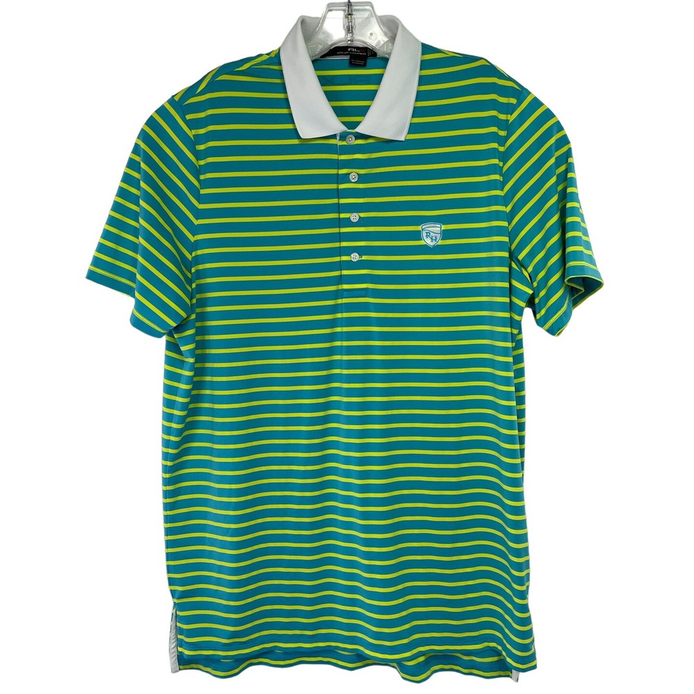 RLX Ralph Lauren Round Hill CC Mens Large Green/Yellow Striped Golf Polo (BB19)